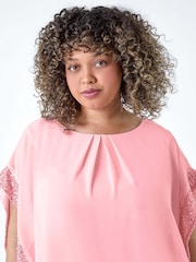 Roman Pink Sequin Trim Chiffon Overlay Top - Image 4 of 5