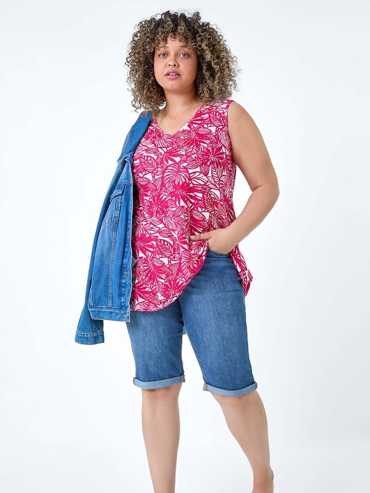 Roman Pink Leaf Print Stretch Vest Top - Image 2 of 5