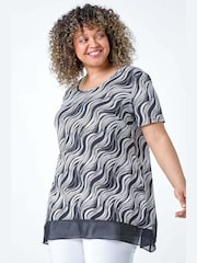Roman Black Wave Print Chiffon Hem Top - Image 1 of 5