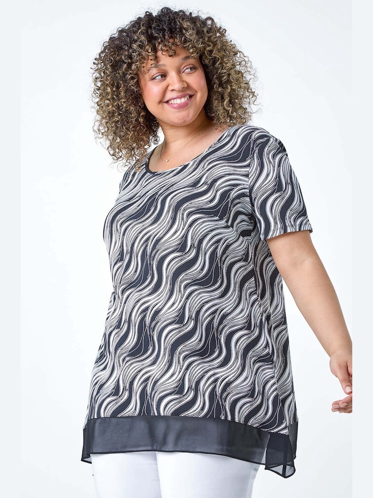 Roman Black Wave Print Chiffon Hem Top - Image 1 of 5