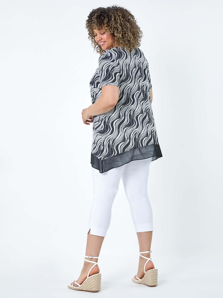 Roman Black Wave Print Chiffon Hem Top - Image 2 of 5
