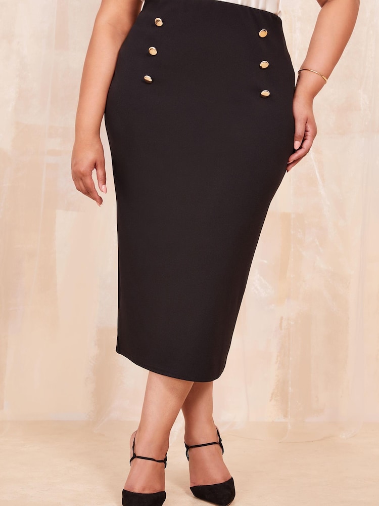 Curves Like These Black Button Front Scuba Midi Skirt - Image 1 of 4