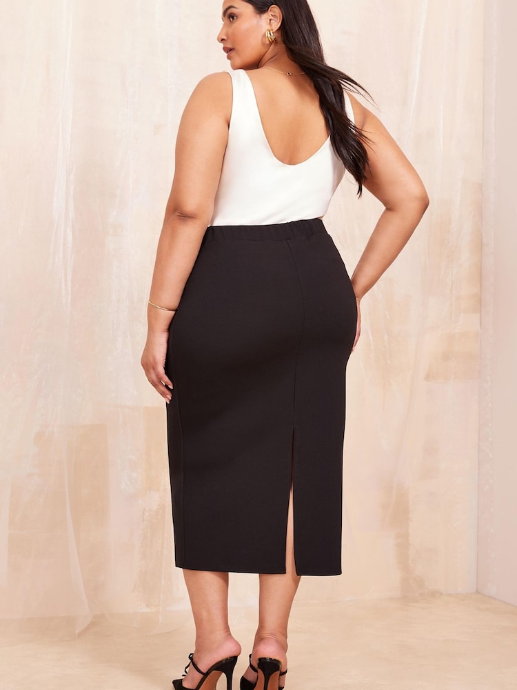 Curves Like These Black Button Front Scuba Midi Skirt - Image 4 of 4