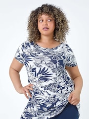 Roman Blue Floral Print Stretch Top - Image 4 of 5
