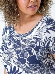 Roman Blue Floral Print Stretch Top - Image 5 of 5