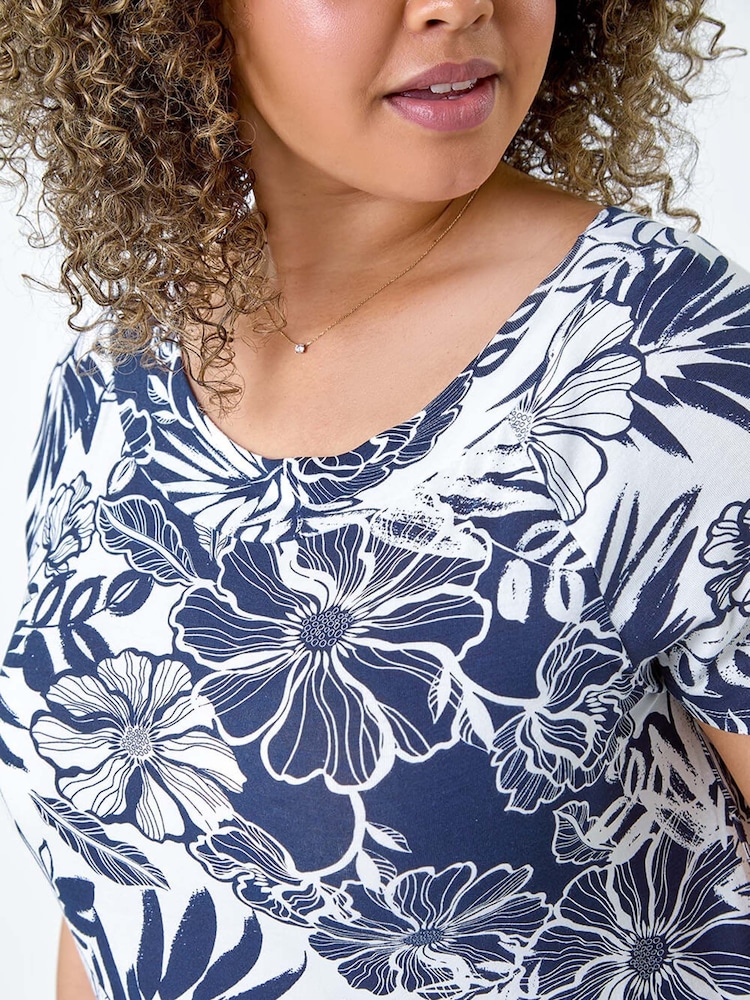 Roman Blue Floral Print Stretch Top - Image 5 of 5