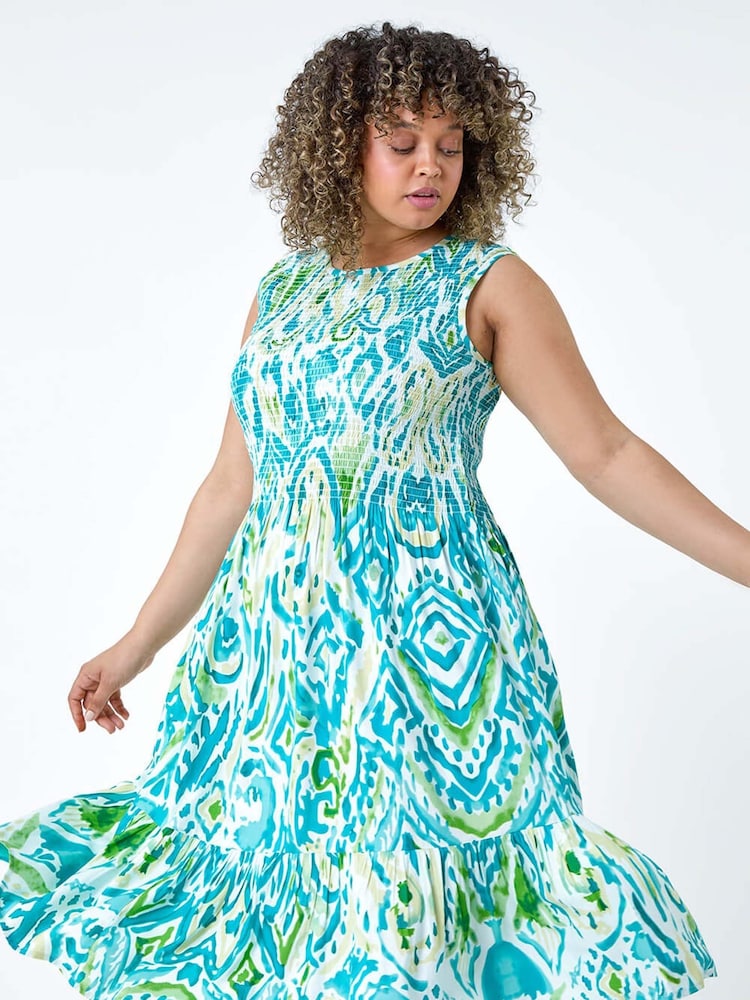Roman Blue Roman Boho Shirred Bust Midi Dress - Image 1 of 5