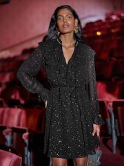 Love & Roses Black Glitter Star Cape Mini Dress with Sleeve - Image 1 of 4