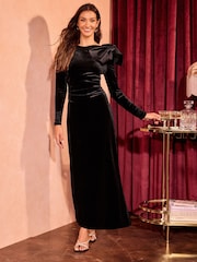 Love & Roses Black Satin Bow Velvet Midi Dress - Image 1 of 4