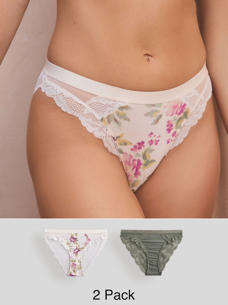 Cream fleuri/vert kaki - Lot de 2 culottes bordées de dentelle - Image 1 of 9