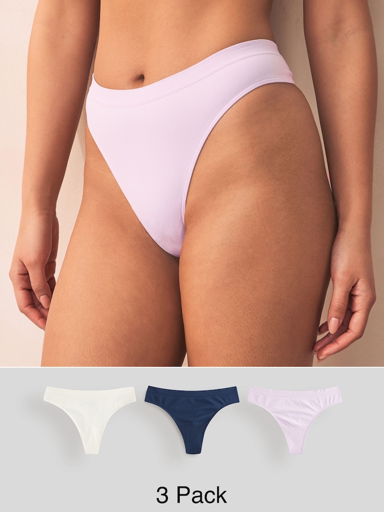 Navy/Lilac/Cream Thong Seamless Rib Knickers 3 Pack - Image 1 of 10