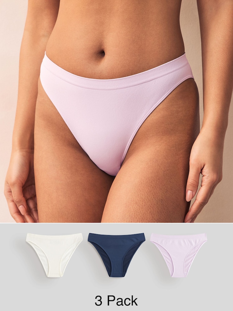Navy/Lilac/Cream High Leg Seamless Rib Knickers 3 Pack - Image 1 of 10
