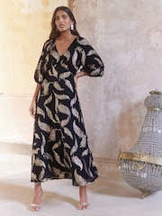 Love & Roses Black Feather Jacquard Puff Sleeve Midi Dress - Image 1 of 4