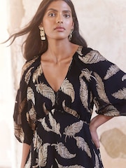 Love & Roses Black Feather Jacquard Puff Sleeve Midi Dress - Image 2 of 4