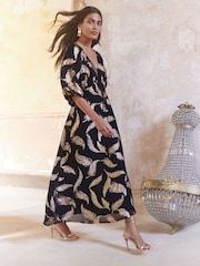 Love & Roses Black Feather Jacquard Puff Sleeve Midi Dress - Image 4 of 4