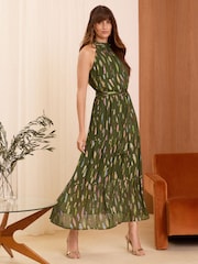 Love & Roses Khaki Green Metallic Halterneck Belted Ruffle Maxi Dress - Image 1 of 4