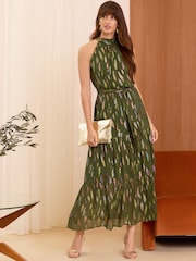 Love & Roses Khaki Green Metallic Halterneck Belted Ruffle Maxi Dress - Image 3 of 4
