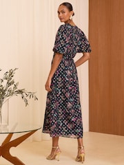 Love & Roses Green Bird Metallic Bird V Neck Puff Sleeve Midi Dress - Image 4 of 4