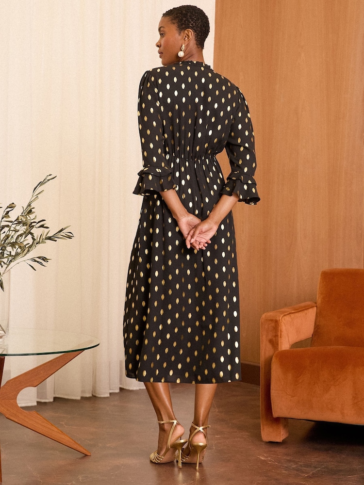 Love & Roses Black Petite Dash Foil Flute Sleeve Midi Dress - Image 2 of 4