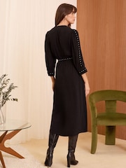 Love & Roses Black Petite Stud Trim Detail Belted Midi Dress - Image 4 of 4