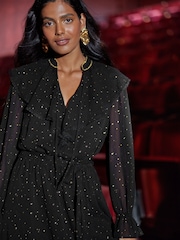 Love & Roses Black Petite Glitter Star Cape Mini Dress with Sleeve - Image 2 of 4
