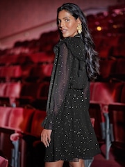 Love & Roses Black Petite Glitter Star Cape Mini Dress with Sleeve - Image 4 of 4