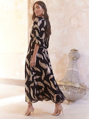 Love & Roses Black Petite Feather Jacquard Puff Sleeve Midi Dress - Image 3 of 4