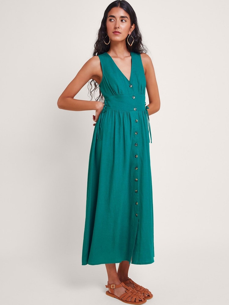 Monsoon Blue Kaya Button Through Dress With Linen - Image 1 of 4