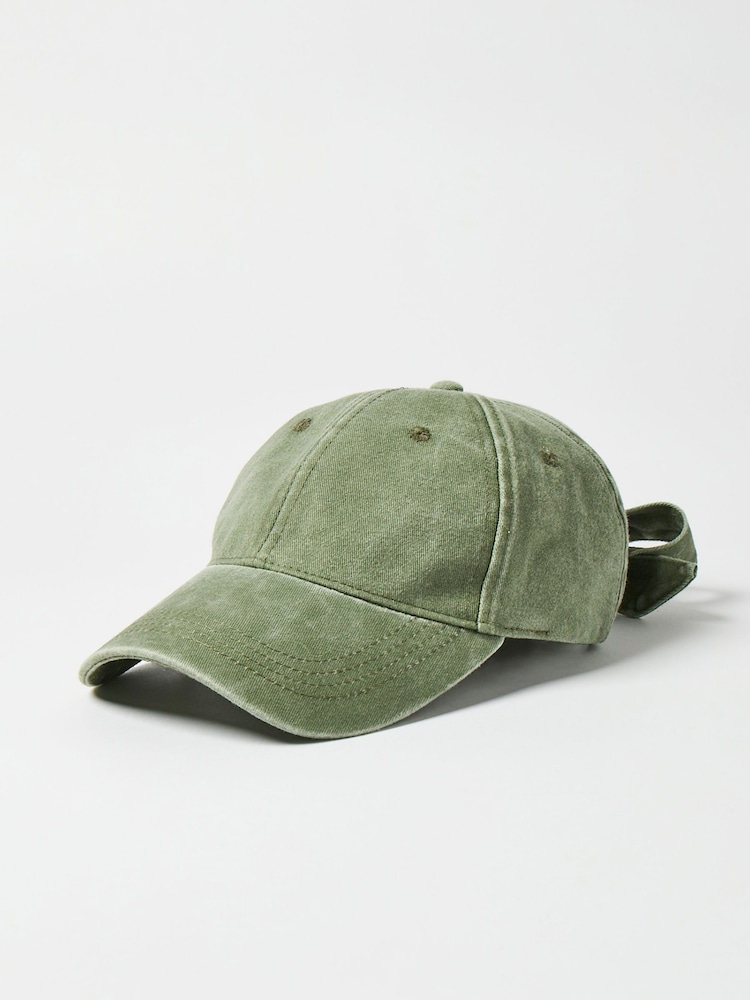 Oliver Bonas Green Washed Bow 100% Cotton Cap Hat - Image 1 of 6