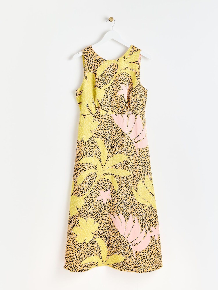 Oliver Bonas Orange Palm Print Midi Dress With Linen - Image 2 of 6