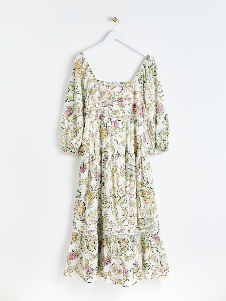 Oliver Bonas White Tropical Paisley Shirred Midi Dress - Image 2 of 6