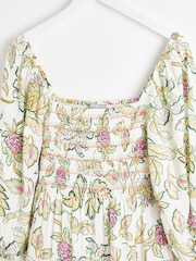 Oliver Bonas White Tropical Paisley Shirred Midi Dress - Image 3 of 6