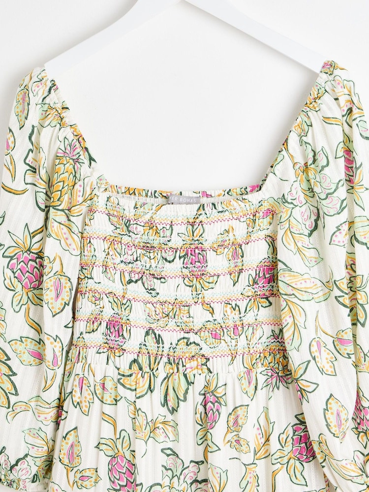 Oliver Bonas White Tropical Paisley Shirred Midi Dress - Image 3 of 6