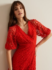 Phase Eight Red Senna Lace Midi Dress - Image 6 of 8
