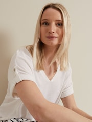 Phase Eight White Linen Laura Button Tab Top - Image 4 of 7
