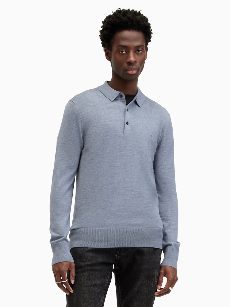 AllSaints Blue Mode Merino Longsleeve Polo Shirt - Image 1 of 5