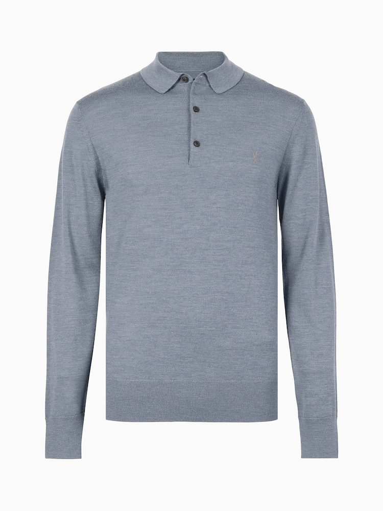AllSaints Blue Mode Merino Longsleeve Polo Shirt - Image 5 of 5