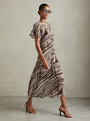 Reiss Brown/Cream Tabitha Animal Printed Midi Dress - Image 1 of 5