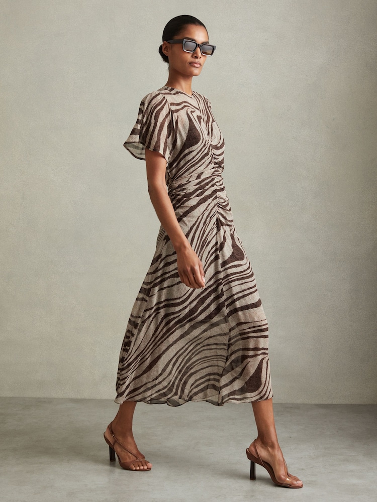 Reiss Brown/Cream Tabitha Animal Printed Midi Dress - Image 1 of 5