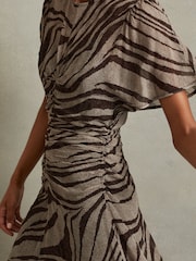 Reiss Brown/Cream Tabitha Animal Printed Midi Dress - Image 3 of 5