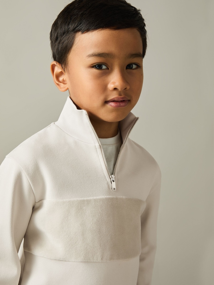 Reiss Taupe Selin 3-9 yrs Slim Fit Half-Zip Funnel Neck Velour Sweatshirt - Image 3 of 4