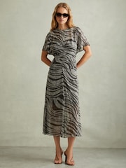 Reiss Black/Grey Tabitha Animal Printed Midi Dress - Image 1 of 5