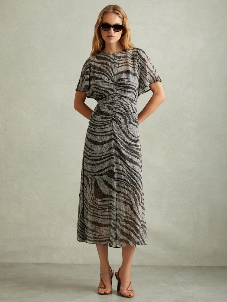 Reiss Black/Grey Tabitha Animal Printed Midi Dress - Image 1 of 5