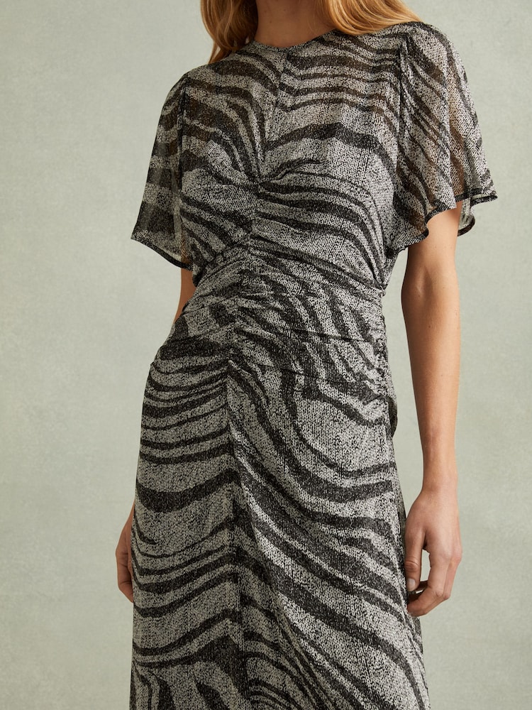 Reiss Black/Grey Tabitha Animal Printed Midi Dress