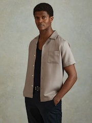 Reiss Mushroom Brown Tokyo Cuban Collar Button-Through Shirt - Image 1 of 6