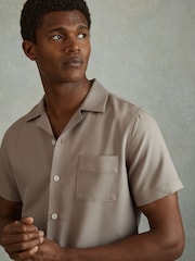 Reiss Mushroom Brown Tokyo Cuban Collar Button-Through Shirt - Image 4 of 6