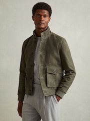 Reiss Light Khaki Green Roland Suede Harrington Jacket - Image 1 of 5
