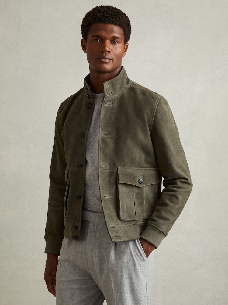 Reiss Light Khaki Green Roland Suede Harrington Jacket - Image 1 of 5