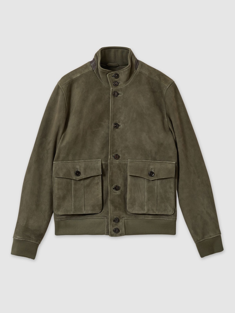 Reiss Light Khaki Green Roland Suede Harrington Jacket - Image 2 of 5 Reiss Light Khaki Green Roland Suede Harrington Jacket - Image 2 of 5