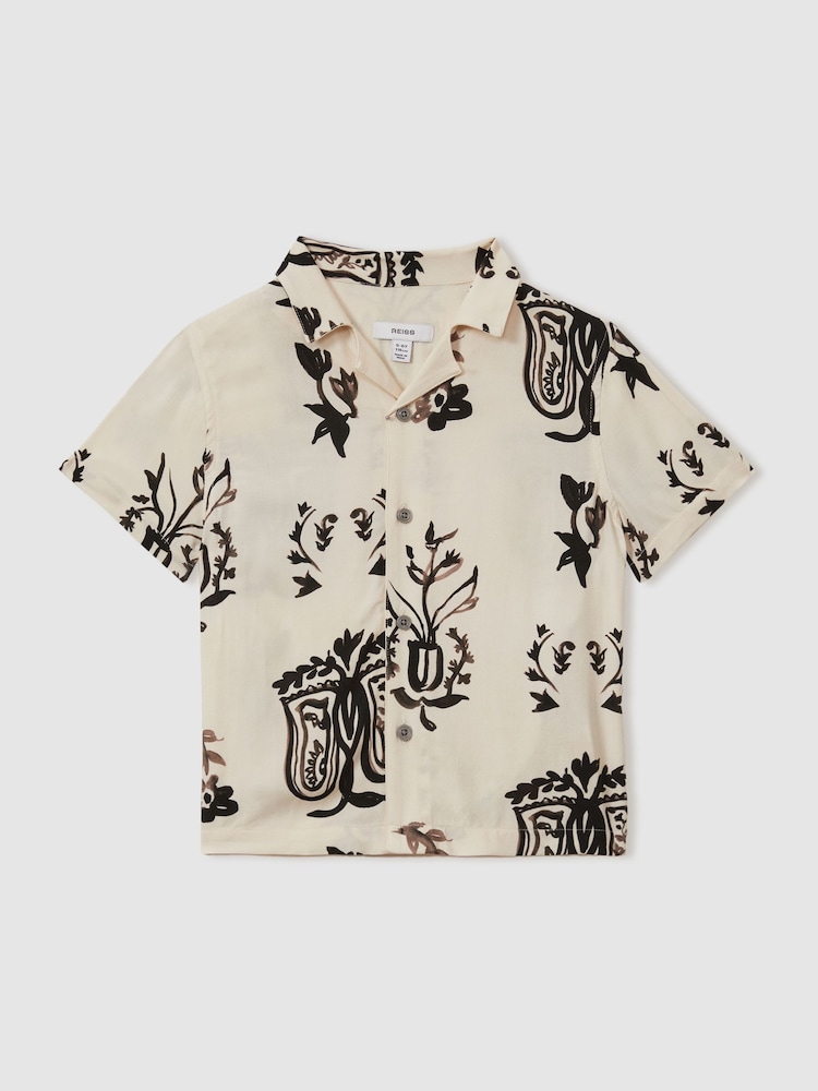 Reiss Off White/Black Babylon Relaxed Printed Cuban Collar Shirt - Image 1 of 2 Reiss Off White/Black Babylon Relaxed Printed Cuban Collar Shirt - Image 1 of 2